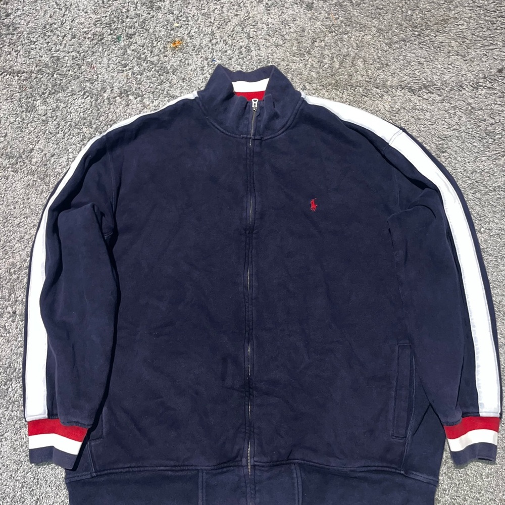 Polo Ralph Lauren Navy Blue Track Jacket with White Stripes vintage heavy duty